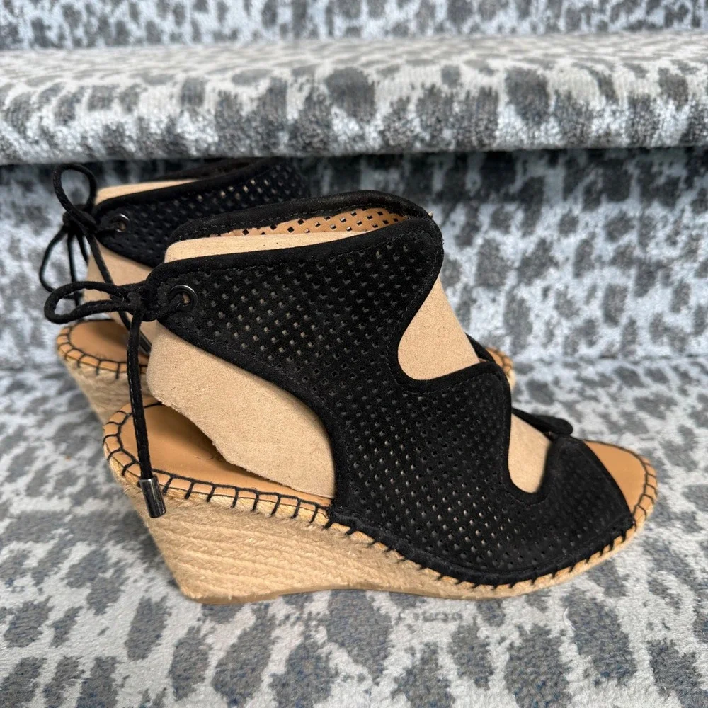 Franco Sarto Nash Black Perforated Leather Espadrille Wedge Sandals Womens 8.5M